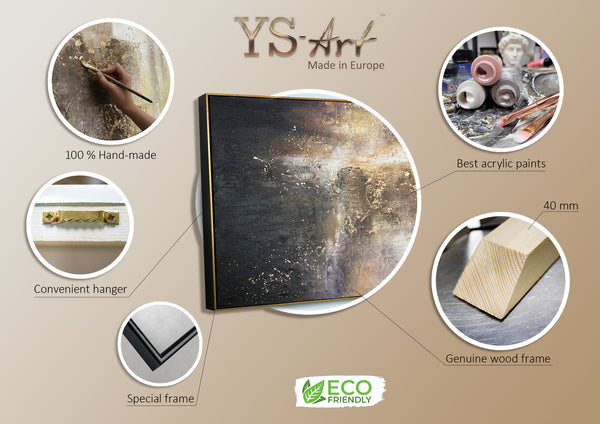 Groot schilderij woonkamer zwart goud – Handgeschilderd canvas met lijst
