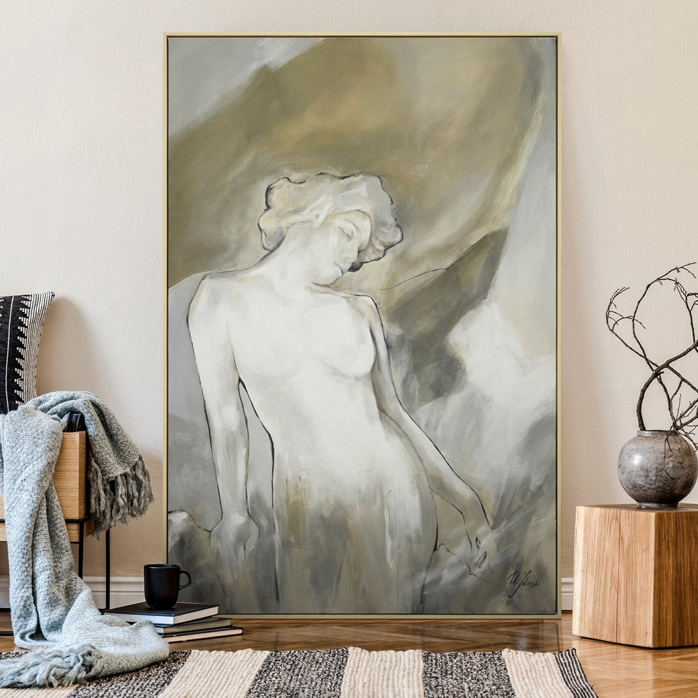 Modernes Gemälde Frau in hellem Wohnambiente