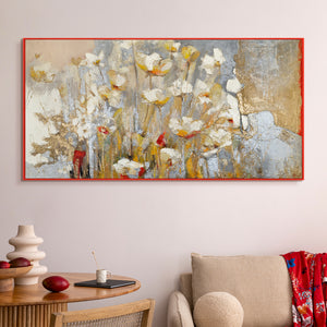 Acryl schilderij 'Lentegeur' – Handgeschilderde bloemen met gouden accenten met lijst