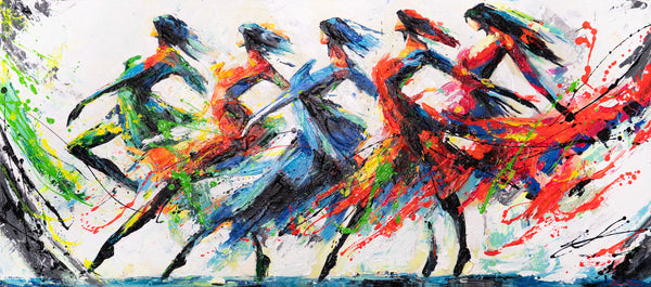 Handgeschilderd abstract acryl schilderij op canvas "Colorful Grace" 115x50cm