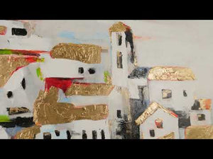 Häuserlandschaft in warmen Tönen  Wandkunst auf Leinwand „Häuschen im Sonnenlicht“ – Originalgemälde mit goldener Struktur