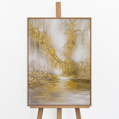 Handgemaltes Landschaftsbild „Sanftes Leuchten" auf Staffelei – goldene Felslandschaft in Gold & Grau, Rahmen, 50x70 cm