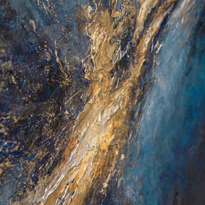 Detail des Gemäldes „Silberne Tiefe" Querformat – diagonaler Goldstrom zwischen Blau und Violett