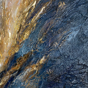 Handgemaltes Querformat Wandbild „Silberne Tiefe" – abstrakte Komposition in Blau und Gold, 50x70 cm