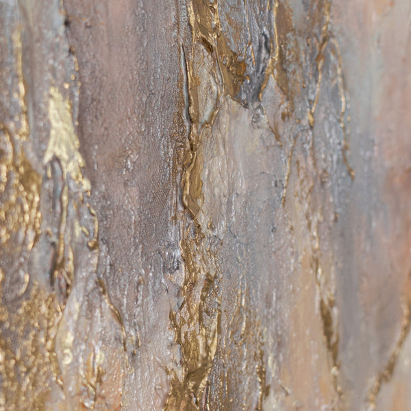 Abstraktes Leinwandbild „Goldener Regen" – Nahaufnahme der goldenen Reliefströme auf grauem Grund
