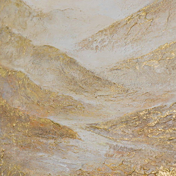 Wandbild das Räume ruhiger macht – goldenes Bergtal als meditativer Anker an der Wand