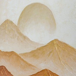 Goldene Sonne über Terrakotta-Bergen – klare Schichtkomposition handgemalt auf Acryl