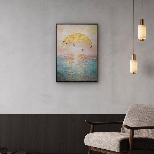 Romantische maritime Wandkunst im Schlafzimmer – Original Meeresgemälde mit goldener Sonne kaufen
