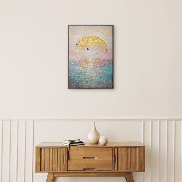 Wandbild das jeden Morgen ein gutes Gefühl schenkt – goldene Sonne über türkisem Meer 
