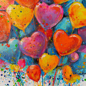 Graffiti Art Wandbild 50x70 cm – Kinder im Herzballon als emotionaler Blickfang 