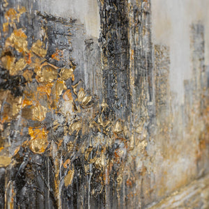 Goldene Herbstbäume flankieren neblige Skyline – atmosphärisches Stadtpanorama handgemalt