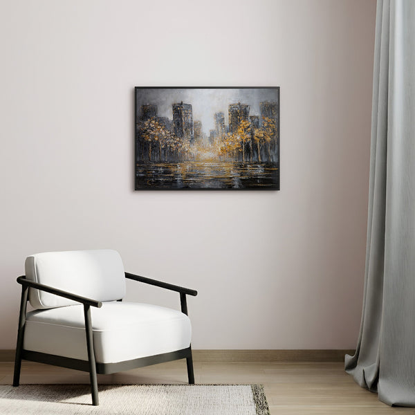 Goldenes Panorama Stadtgemälde über dem Sofa im modernen Wohnzimmer – handgemaltes Wandbild in Schwarz und Gold