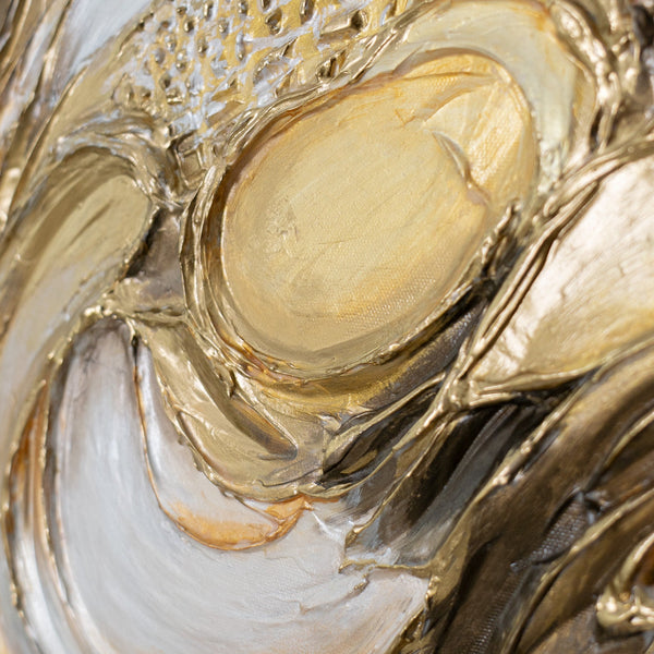 Dreidimensionale Reliefoberfläche in Gold – Nahaufnahme des Acrylgemäldes „Texturwirbel" 