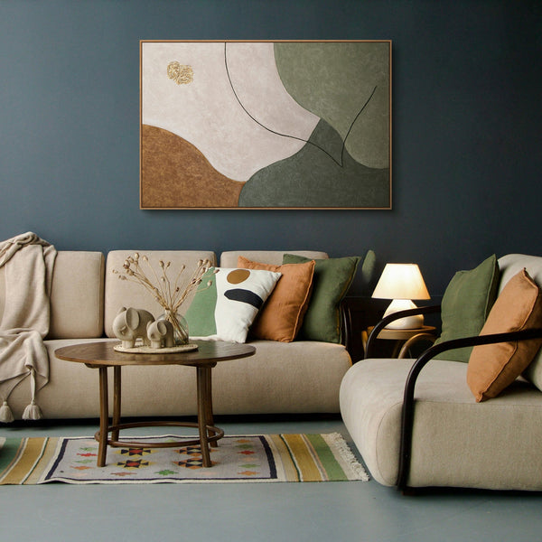 Handgeschilderd acrylkunstwerk – Moderne muurschildering in groen en beige "Het gefluister van de valleien"