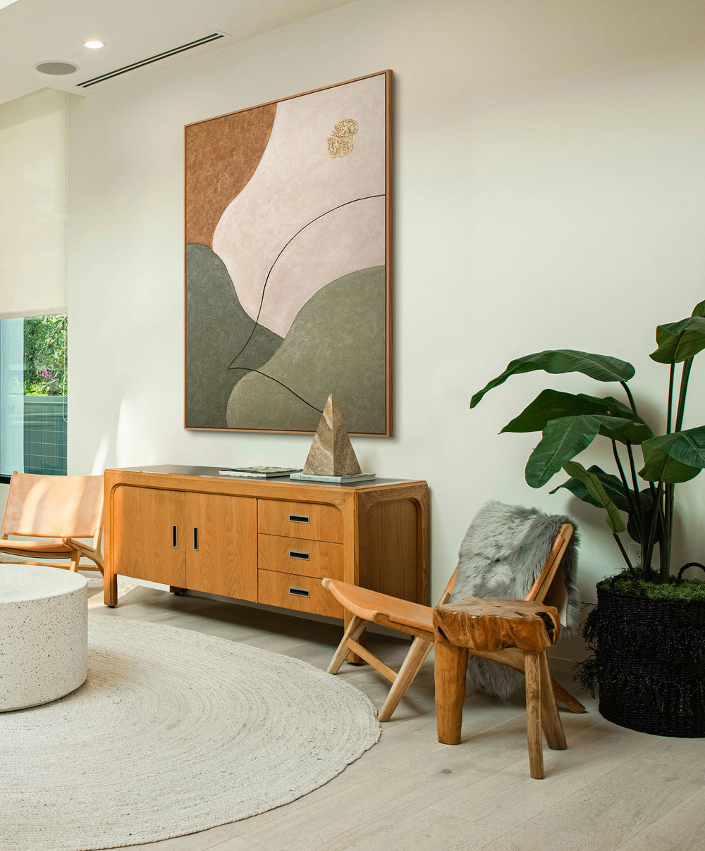 Abstracte wanddecoratie met structuur in beige, groen en goud – Modern acryl schilderij op canvas