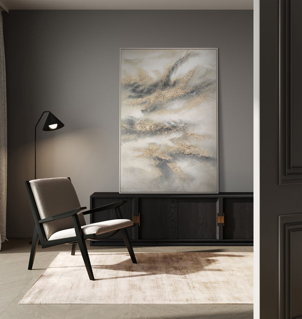 Handgeschilderd acryl schilderij in grijs & goud – Abstracte wanddecoratie „Wolkenmelodie”