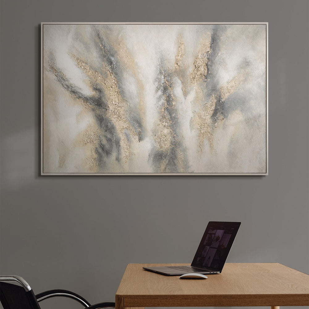 Abstract schilderij, beige en grijs – textuurprint op canvas met lijst “Cloud Melody”