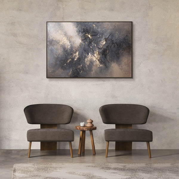 Modern acrylschilderij in grijs en goud met lijst – Abstracte wanddecoratie “Sky Glow”