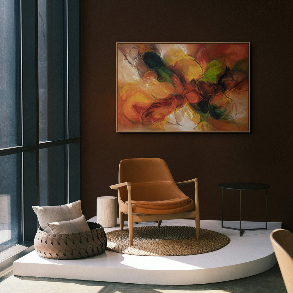 Handgeschilderd canvas schilderij in natuurlijke kleuren – Abstract schilderij met lijst “Herfstdans”