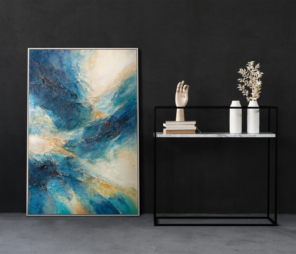 Abstracte kunst op canvas – Maritiem acryl schilderij „Gloed van de Golven”