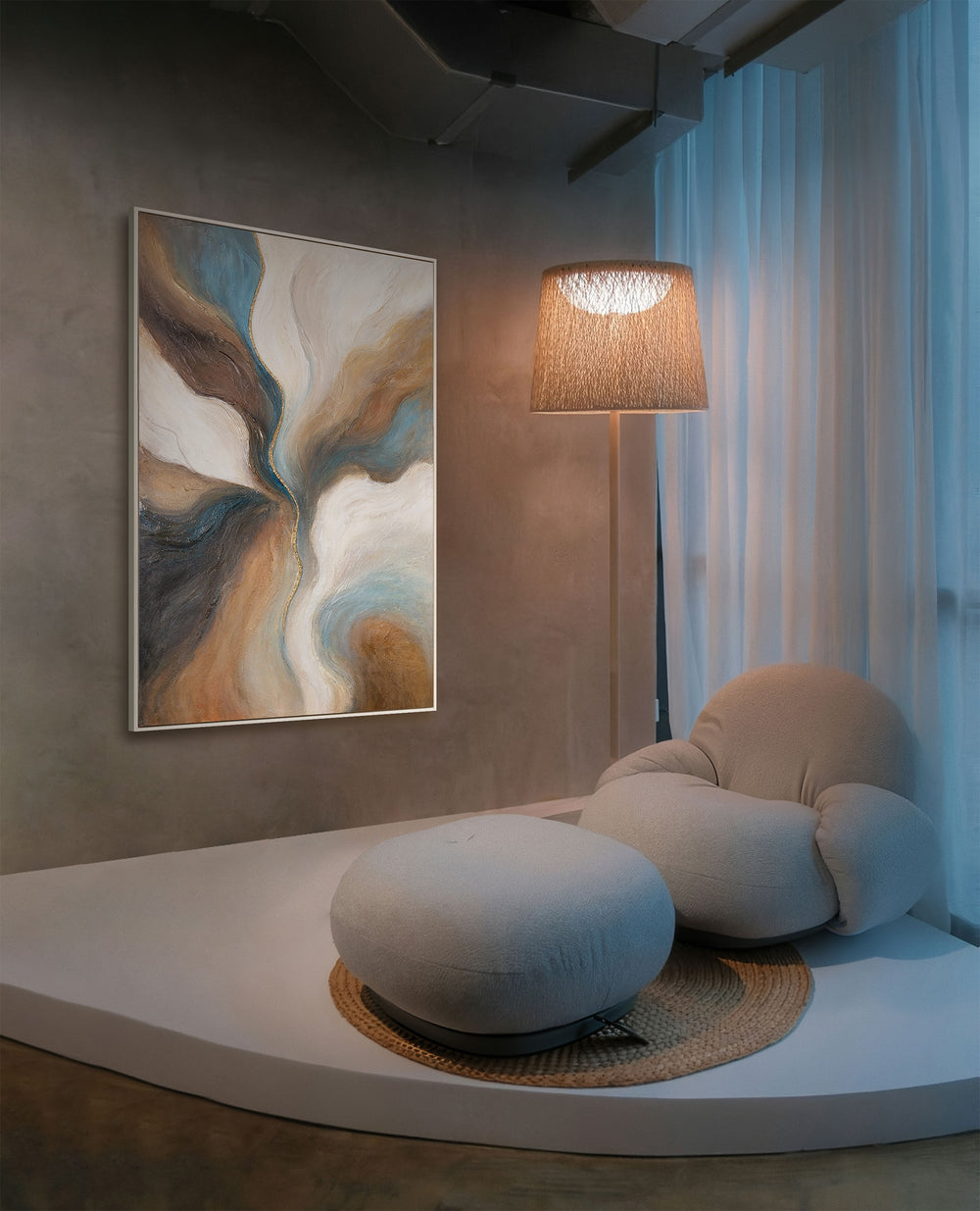 Moderne schilderijen in bruin & blauw – Handgeschilderde wanddecoratie „Verloop van de Tijd”