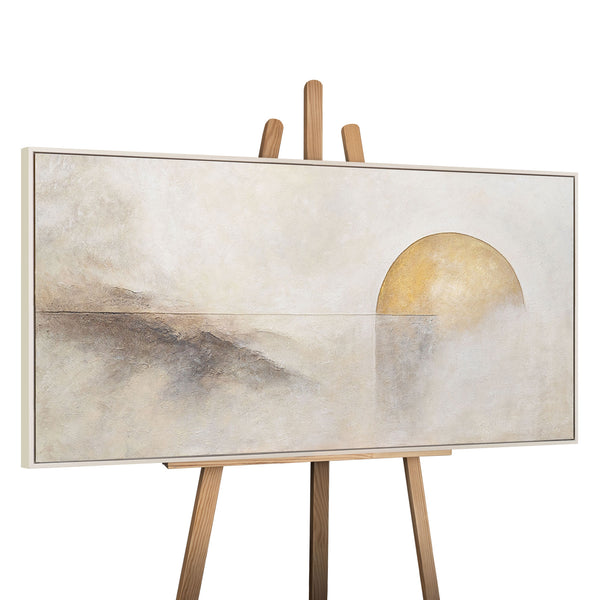 Handgeschilderd structuur schilderij „Horizontlijn” – Wanddecoratie in Beige en Goud