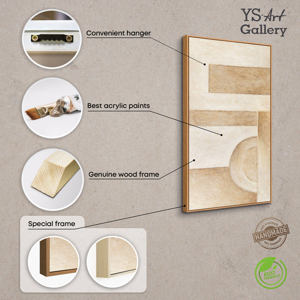 Handgeschilderd abstract acrylschilderij in beige met lijst – Moderne wanddecoratie “Ruimte der Vormen”