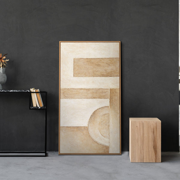 Handgeschilderd abstract acrylschilderij in beige met lijst – Moderne wanddecoratie “Ruimte der Vormen”