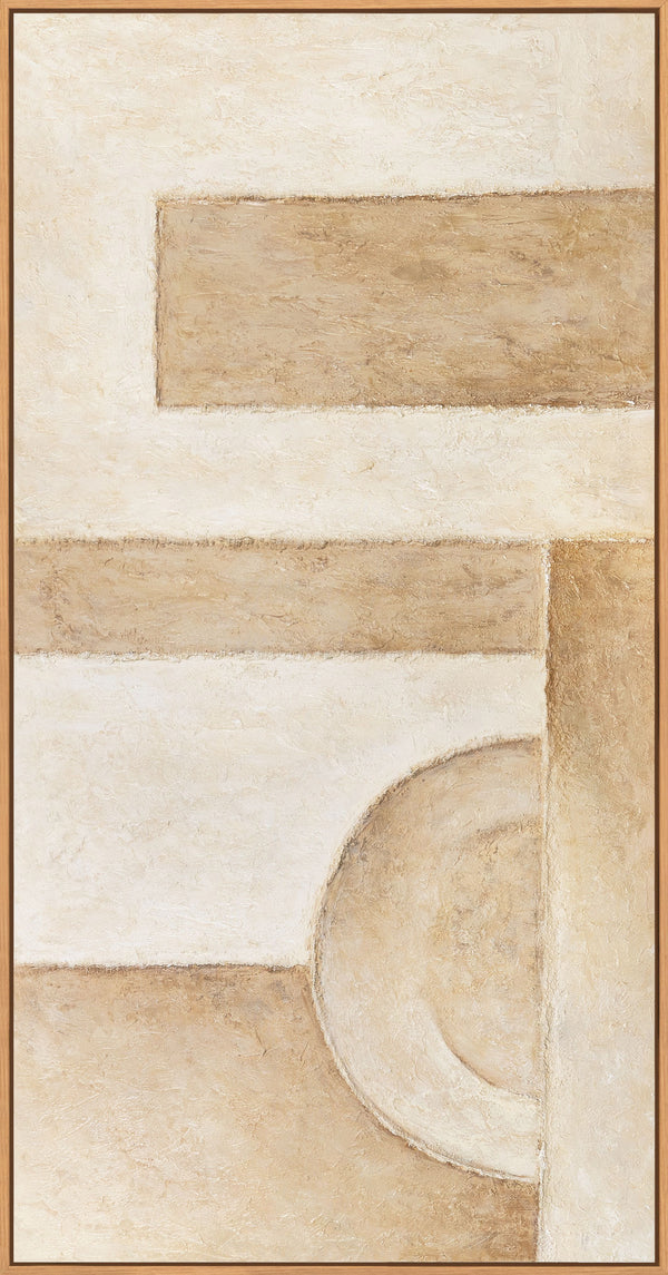 Handgeschilderd abstract acrylschilderij in beige met lijst – Moderne wanddecoratie “Ruimte der Vormen”