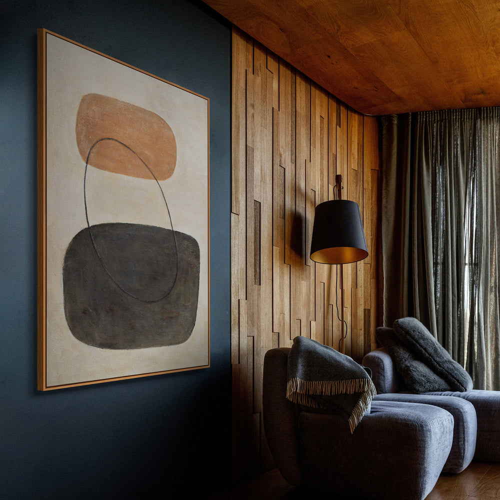 Modern schilderij in beige en grijs met lijst – Abstracte kunst “Balans van contrasten”