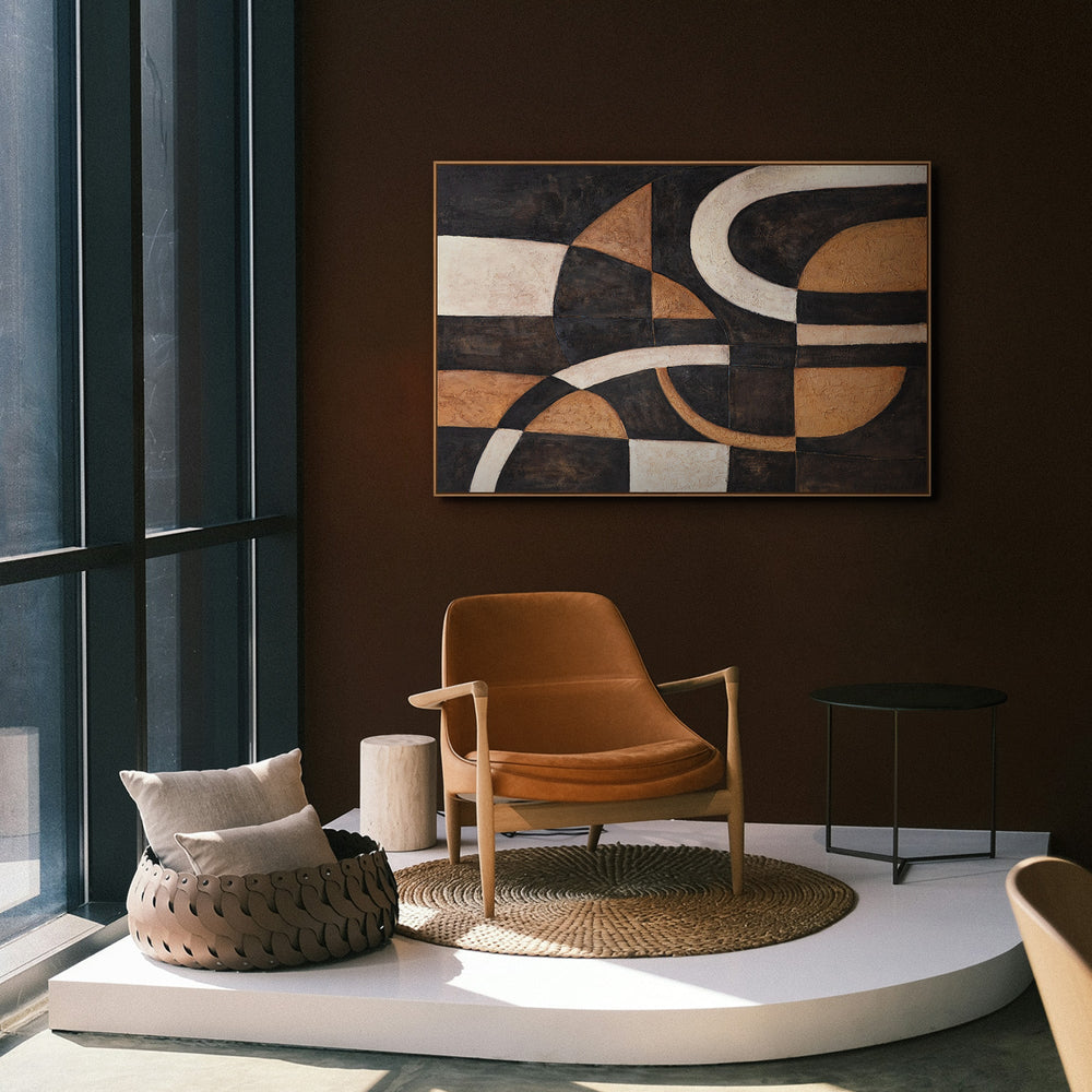 Abstracte geometrische vormen geschilderd met acrylverf en lijst – Handgeschilderd wandkunstwerk “Harmonie van Curven”