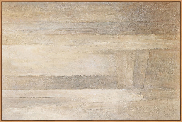 Abstract acrylverfschilderij op canvas in beigegrijs: "Verticalen van tijd".