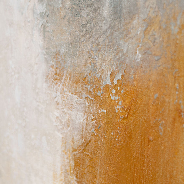 Abstract schilderij met lijst - Moderne wanddecoratie in beige, blauw en goud "Lichtovergangen"