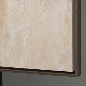 Abstract schilderij met lijst - Moderne wanddecoratie in beige, blauw en goud "Lichtovergangen"