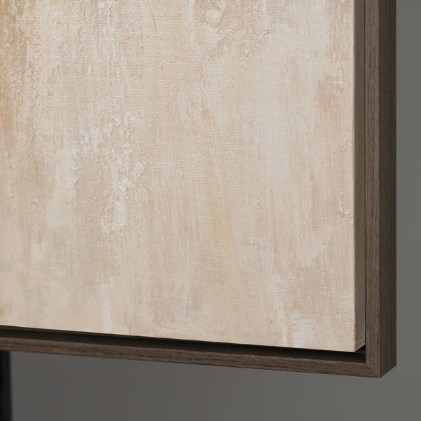 Abstract schilderij met lijst - Moderne wanddecoratie in beige, blauw en goud "Lichtovergangen"