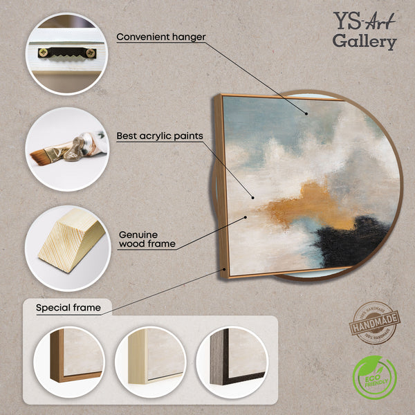 Abstract schilderij met lijst - Moderne wanddecoratie in beige, blauw en goud "Lichtovergangen"