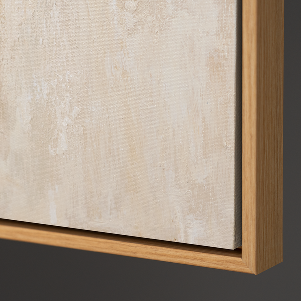 Abstract schilderij met lijst - Moderne wanddecoratie in beige, blauw en goud "Lichtovergangen"