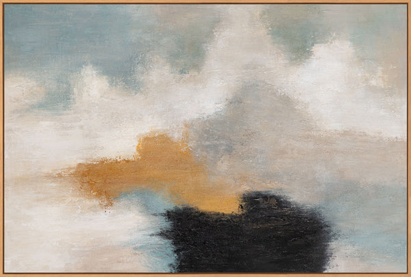 Abstract schilderij met lijst - Moderne wanddecoratie in beige, blauw en goud "Lichtovergangen"