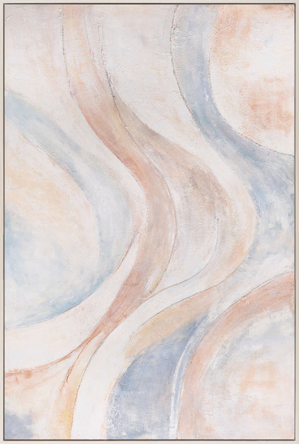 Abstract schilderij op canvas, beige en blauw – ingelijst schilderij met textuur "Windlijnen"