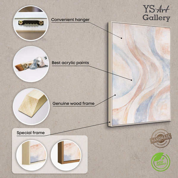 Abstract schilderij op canvas, beige en blauw – ingelijst schilderij met textuur "Windlijnen"