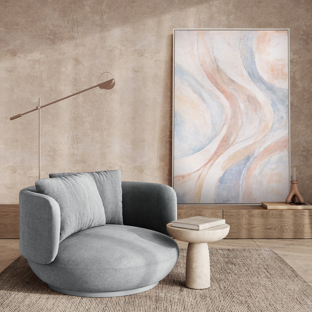 Abstract schilderij op canvas, beige en blauw – ingelijst schilderij met textuur "Windlijnen"