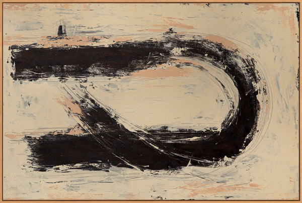 Abstraktes Leinwandbild mit markantem schwarzem Pinselstrich in minimalistischer Komposition