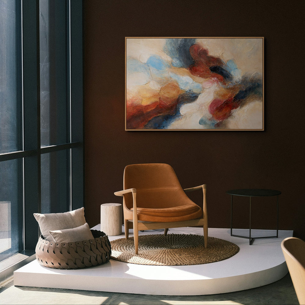 Handgeschilderd acrylschilderij met lijst – Moderne wanddecoratie in blauw en rood: "Muziek in kleur"