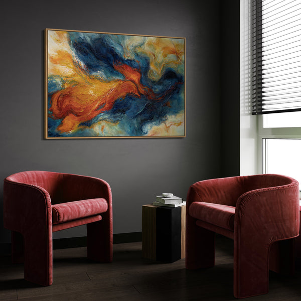 Abstraktes Leinwandbild mit kräftigen Blau-, Orange- und Gelbtönen