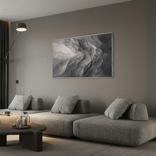 Abstraktes Leinwandbild in Grau- und Anthrazittönen im modernen Stil im Wohnzimmer