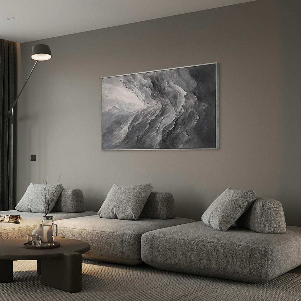 Modern abstract acrylschilderij in grijs – wanddecoratie met textuur en lijst “Memory of the Rocks”