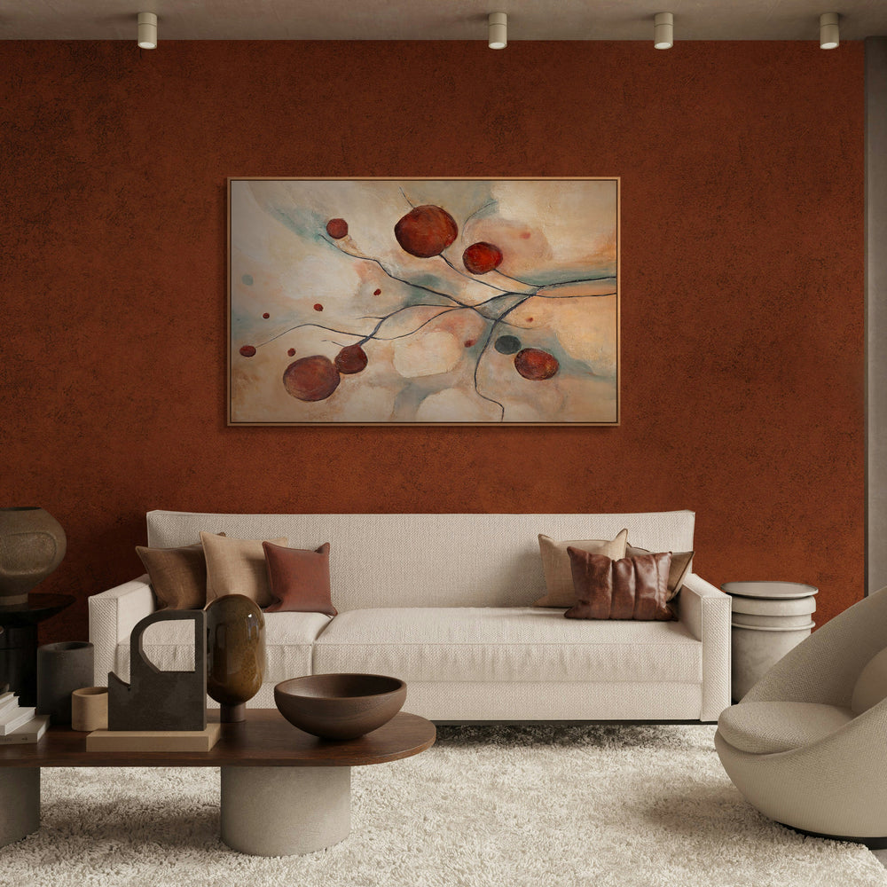 Abstraktes Leinwandbild „Scharlachrote Sternbilder“ in warmen Naturtönen mit Rahmen