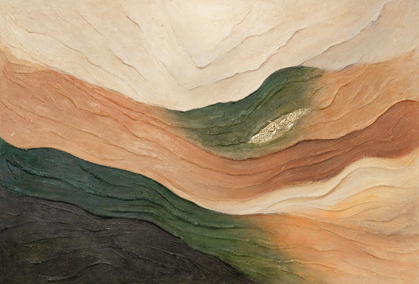 Handgeschilderd Schilderij "Golven van de Horizon" – Abstract Landschap in Natuurtinten