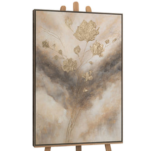 Leinwandbild mit Rahmen „Leuchten in den Wolken“ – Abstrakte Blumen in Goldtönen
