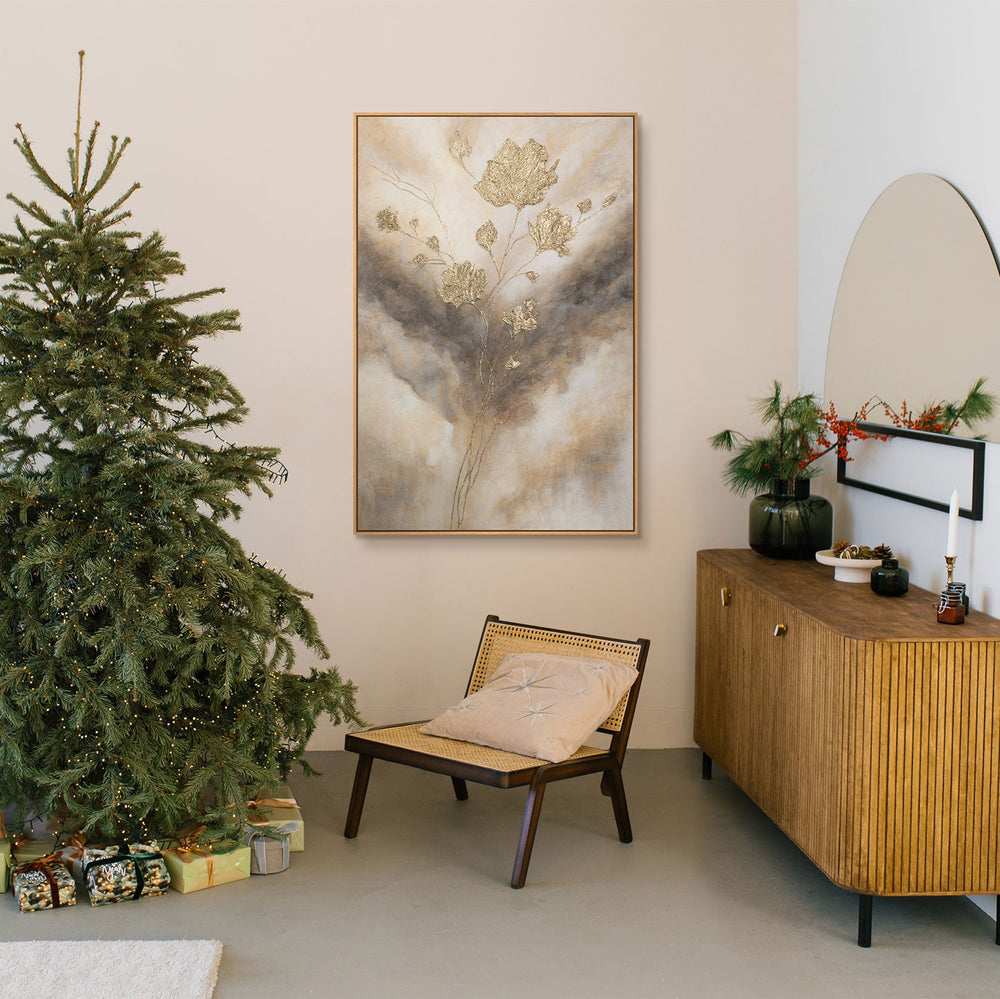 Leinwandbild mit Rahmen „Leuchten in den Wolken“ – Abstrakte Blumen in Goldtönen